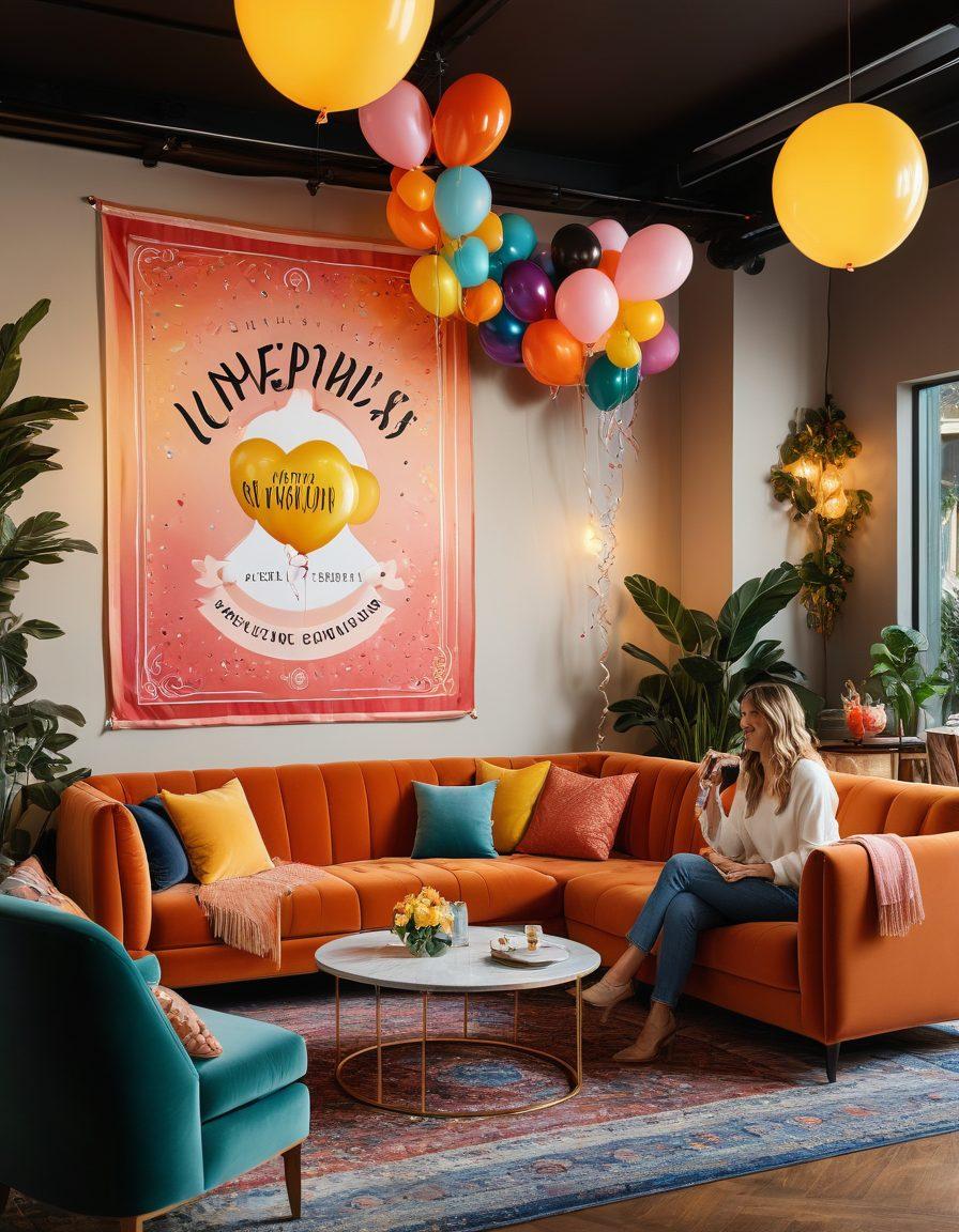 Create an inviting scene of a modern lounge with a diverse group of excited friends enjoying various exclusive offers like discounted spa treatments, gourmet dining, and access to private events. A large banner in the background reads 'Unlock Your Membership Benefits!' with vibrant colors and eye-catching graphics. Include visual elements that represent rewards, like shiny exclusive cards and party decorations. Make it feel festive and welcoming, emphasizing joy and community. vibrant colors. super-realistic. modern design.