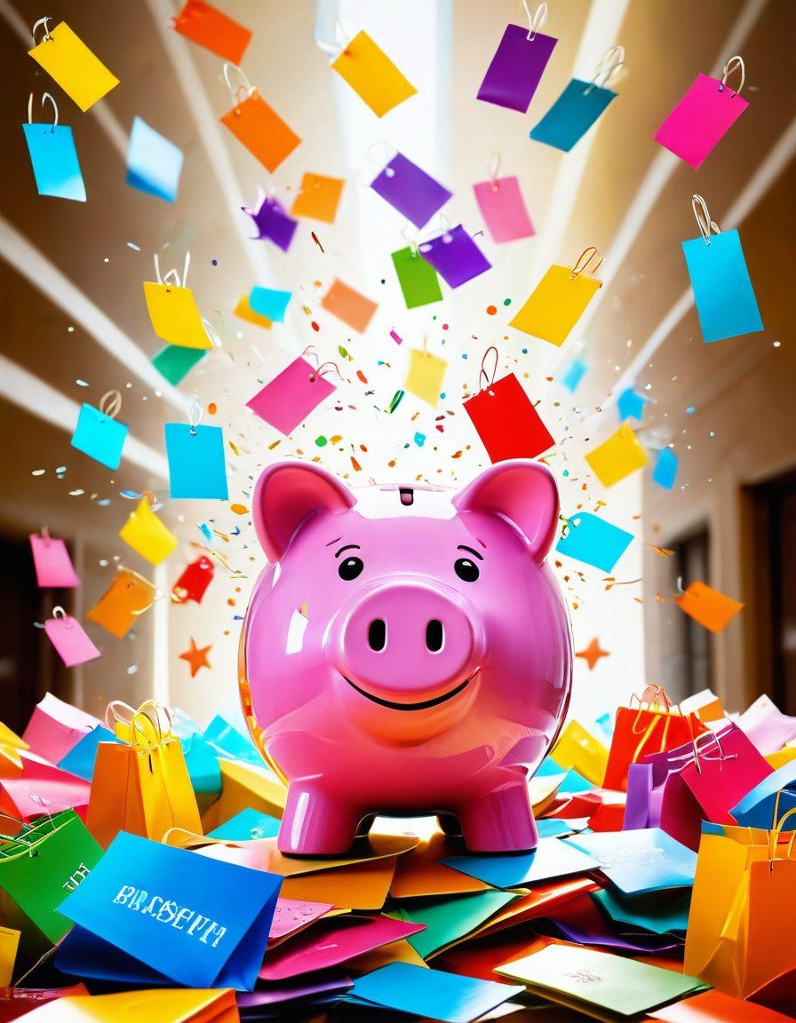 A dynamic composition featuring a piggy bank bursting with colorful discount tags and exclusive offer signs around it. In the background, a group of diverse people excitedly exchanging shopping bags filled with discounted items. Include a bright, cheerful atmosphere with sun rays shining down. The scene should evoke a sense of joy and financial empowerment. vibrant colors. super-realistic.